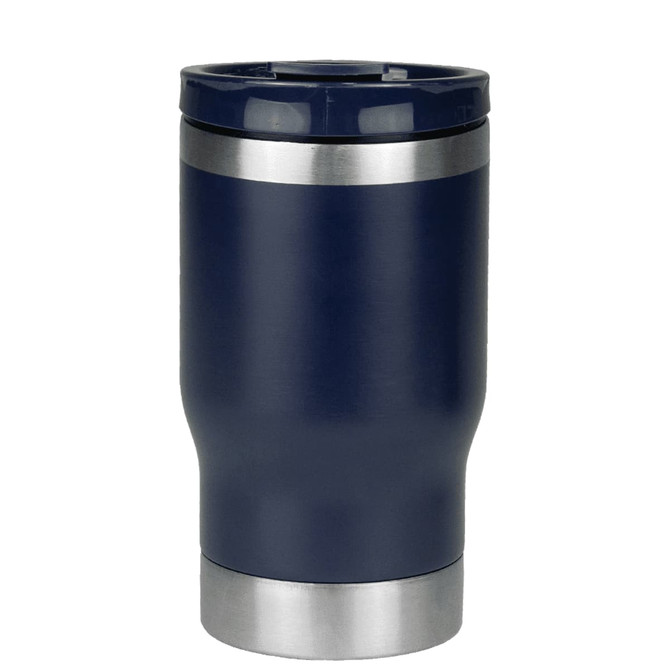 A drink bottle featuring a navy blue exterior with a silver base and a lid for a tumbler cooler.