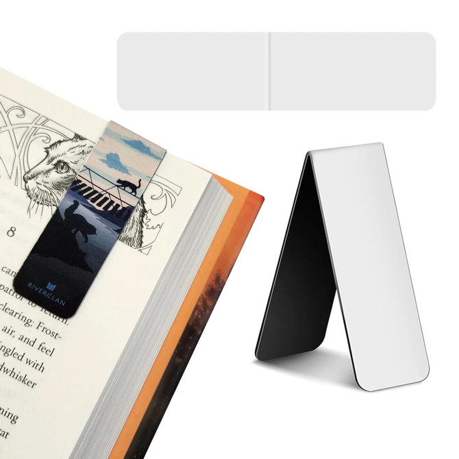 A large fridge magnet and bookmark set featuring a colourful design alongside a sleek silver and black magnet.
