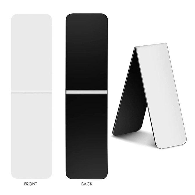 A large fridge magnet and bookmark with a white front and a black back, displayed in both flat and standing positions.