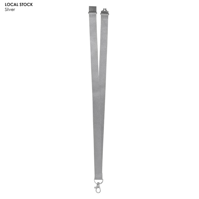 A silver 20mm polyester lanyard with a clip, featuring a logo and a simple design.