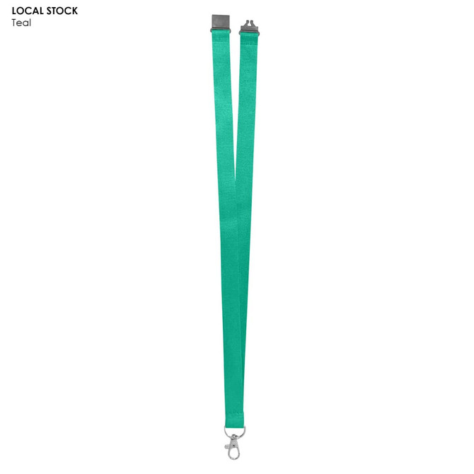 A teal polyester lanyard, 20mm wide, featuring a clip for attachments and a logo.