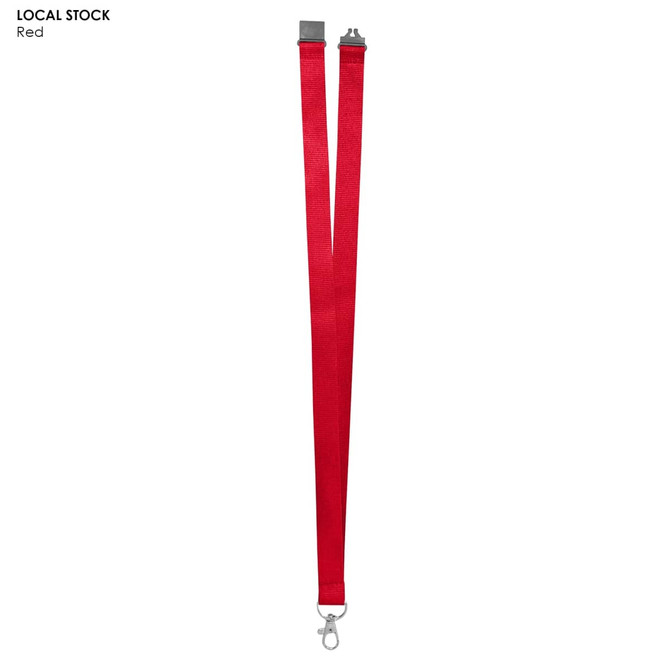 Red polyester lanyard, 20mm wide, featuring a clip for attachment and a logo. Ideal for events and exhibitions.