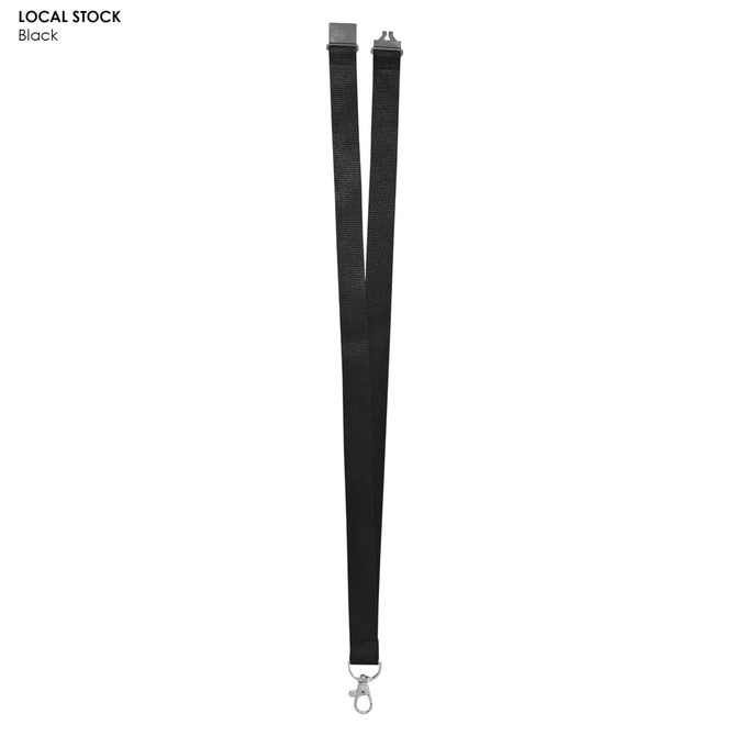 A black RPET lanyard, 20mm wide, featuring a clip at the end and a small logo.