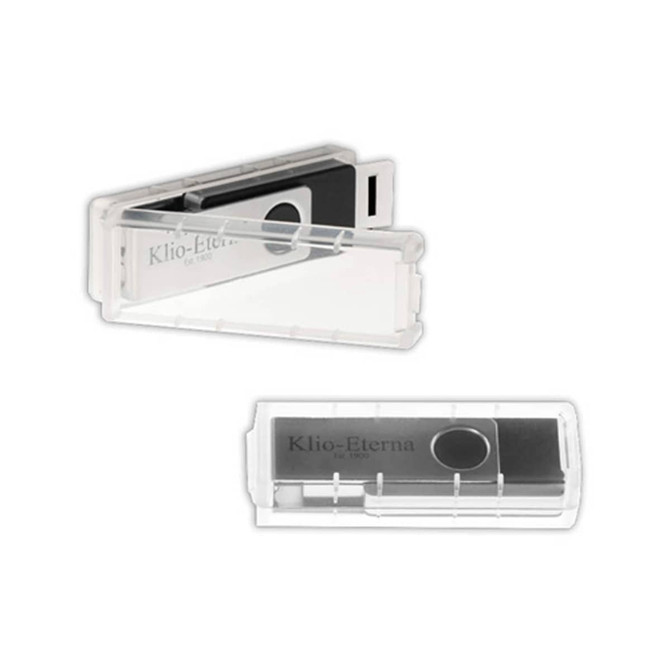 A black USB flash drive with a plastic clip, housed in a transparent case, featuring a logo.