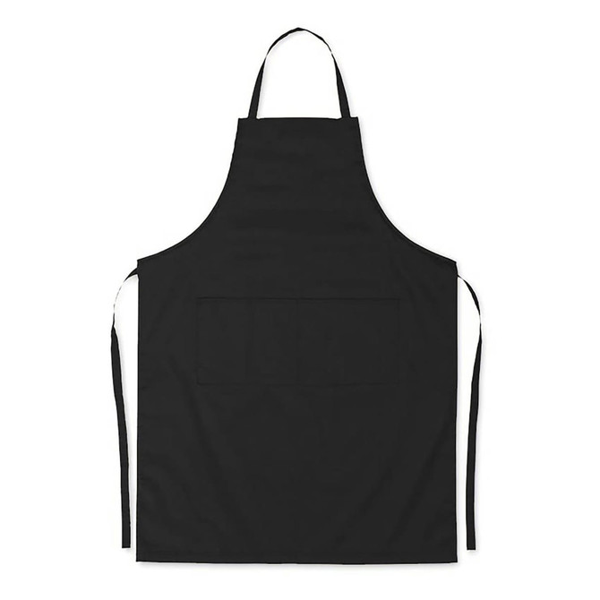 A black cotton apron with a front pocket and adjustable ties. The apron features a logo in one corner.