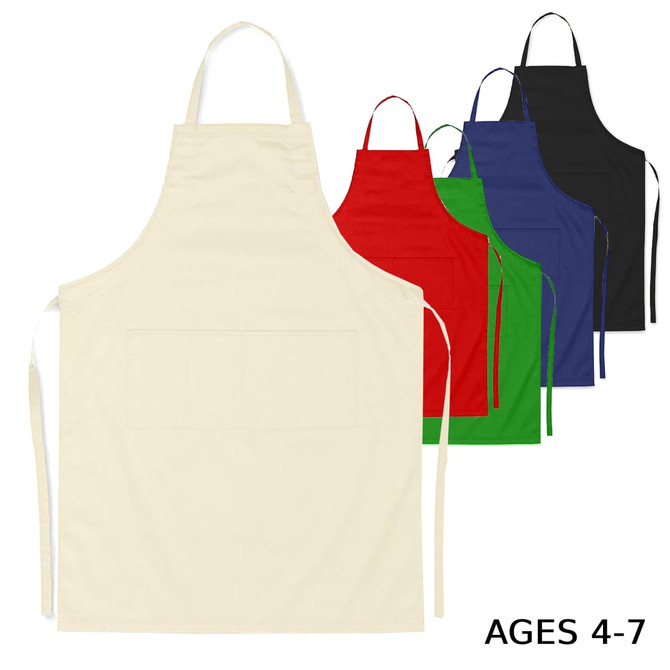 A collection of junior cotton aprons in cream, red, green, blue, and black, suitable for ages 4-7. Each apron has a pocket.
