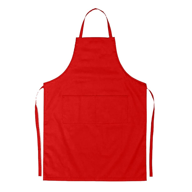 A red cotton apron with a front pocket and ties. It features a logo on the surface.
