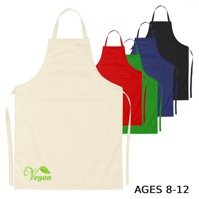 A collection of junior cotton aprons in cream, red, green, blue, and black, featuring a logo on one. Suitable for ages 8-12.