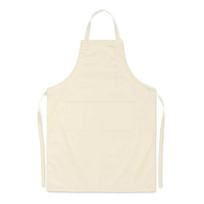 A light cream cotton apron with ties and a front pocket, featuring a logo on the front.