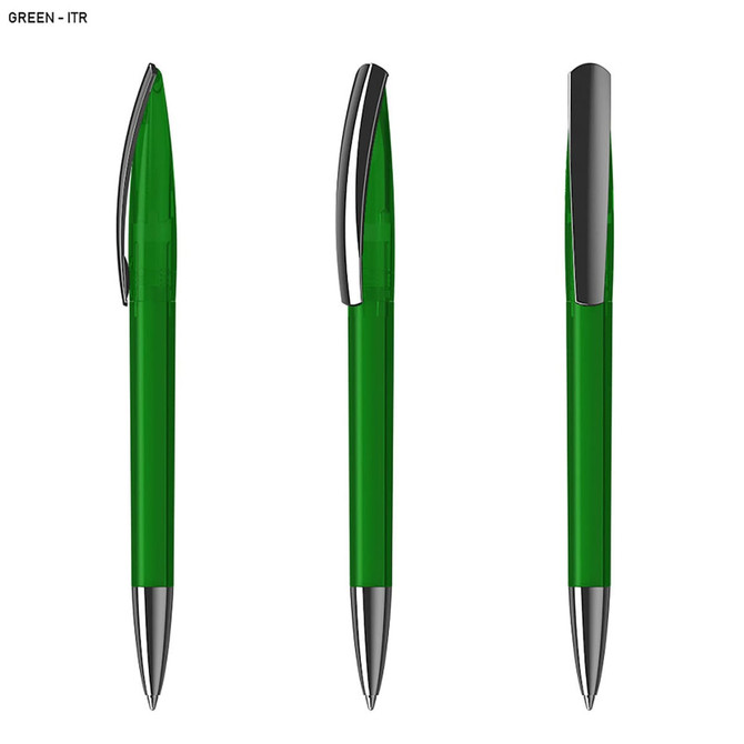 A set of green plastic pens with silver accents, featuring a sleek design and a clip for easy attachment.