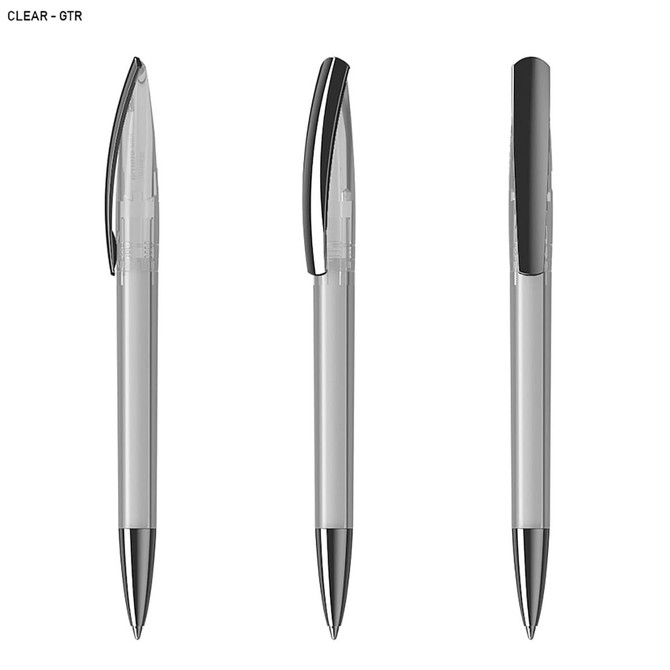 A transparent plastic pen with a black clip and silver accents, displayed from multiple angles.