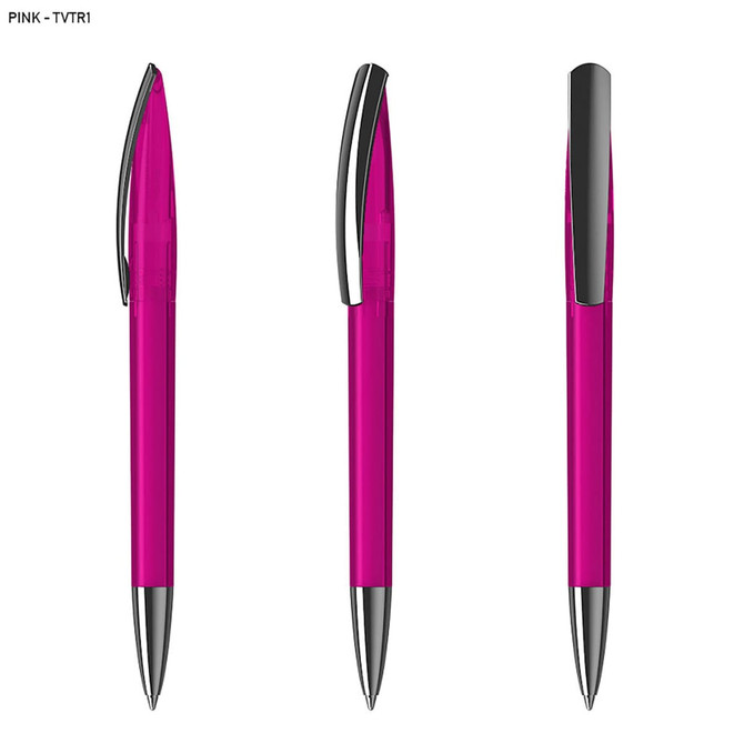 A pink plastic pen with a shiny silver clip, displayed from multiple angles. It features a sleek, transparent design.
