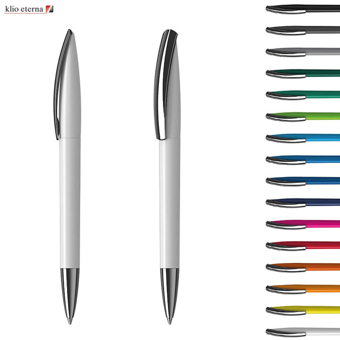 A set of plastic pens in various colours, featuring a sleek white design with chrome accents and a logo.