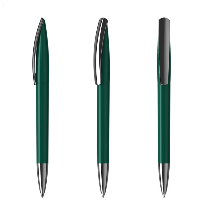 A collection of green plastic pens with silver accents and a clip, featuring multiple angles of the design.