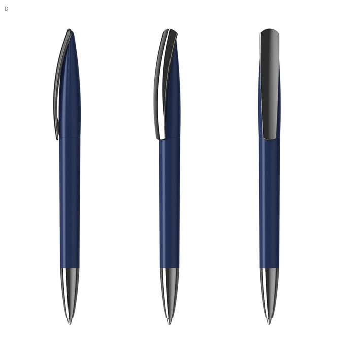 A navy blue plastic pen with a silver clip, displayed from three angles, featuring a branding logo.