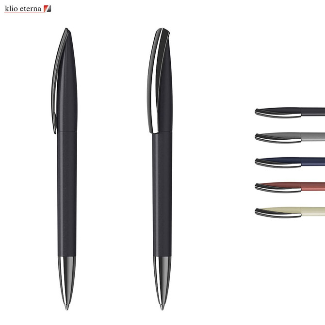 A set of metallic pens in black, silver, navy, red, cream, and burgundy, featuring a logo on the top left.