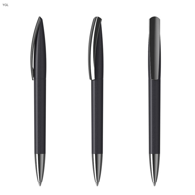 A set of metallic black plastic pens with silver accents and a sleek design, featuring a branding logo.
