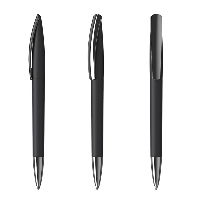 Three black plastic pens with chrome accents, featuring a sleek, modern design. Each pen has a clip and rounded end.