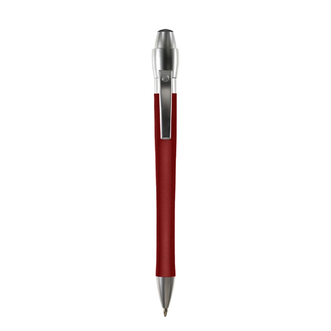 A metal pen in red with a silver clip and a branded logo on the side.