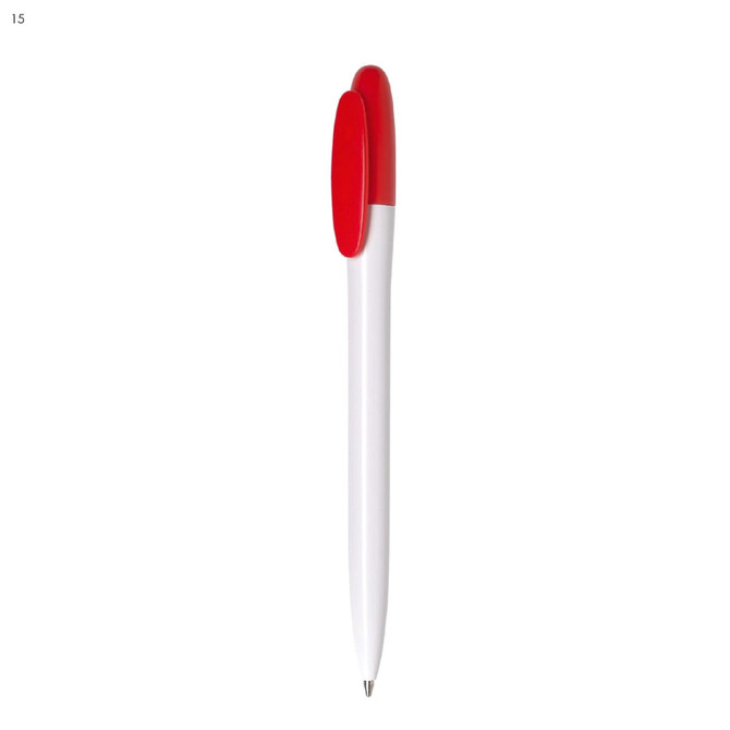 A plastic pen in white with a red top and clip, featuring a logo.