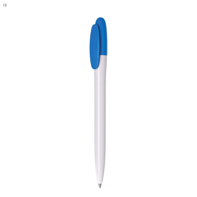 A white plastic pen with a blue clip and top, featuring a logo on the barrel.