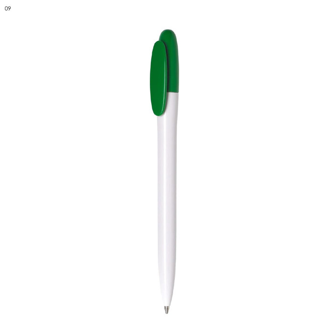 A white plastic pen with a green clip and tip, featuring a logo.