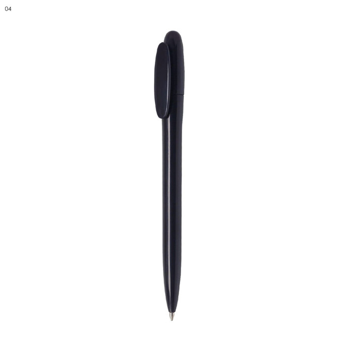 A black plastic pen featuring a click mechanism and a sleek design. It has a small logo on the body.