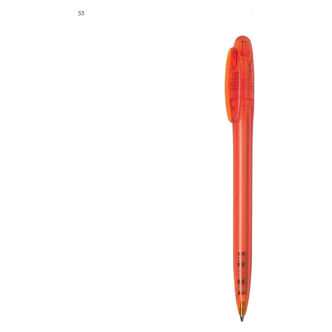 An orange plastic pen with a translucent body and a clip for easy attachment.