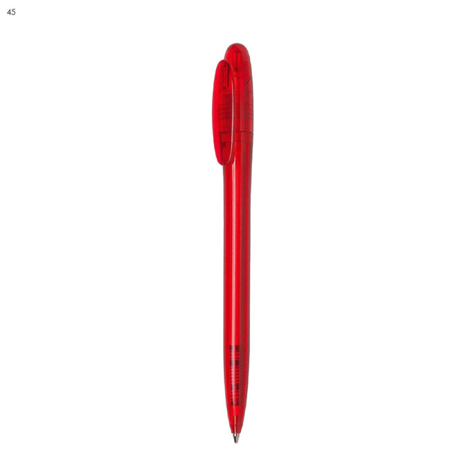 A red plastic pen featuring a click mechanism and a logo on the barrel.