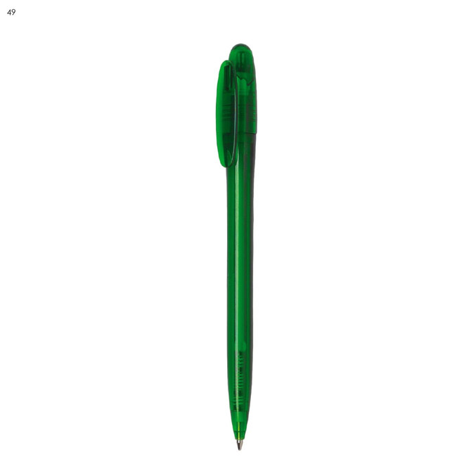A green plastic pen with a click mechanism and a semi-transparent barrel. It has a logo on it.