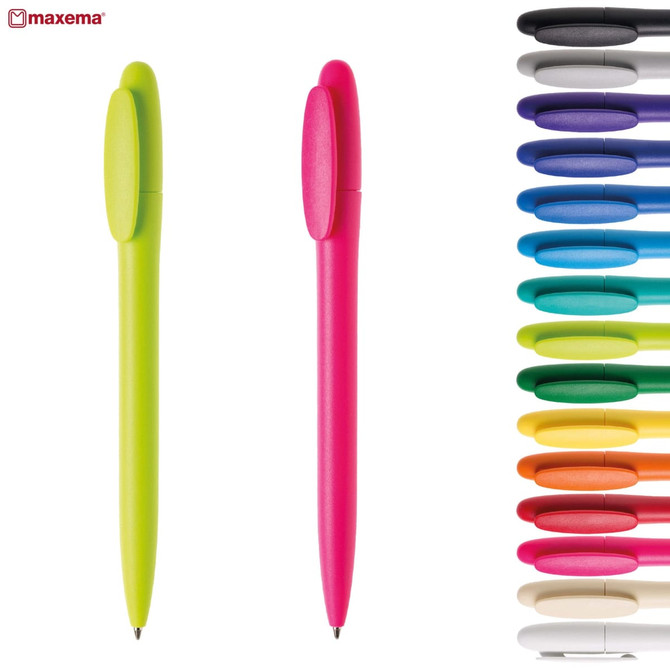A green and pink plastic pen alongside a range of colourful pens, featuring a logo.