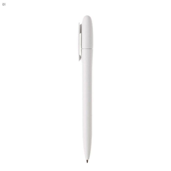 A plastic pen in white, featuring a streamlined design and a clip for easy attachment. It includes a branding logo.