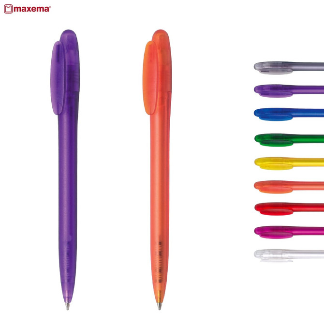 A collection of plastic pens in various colours, including purple, orange, and multiple shades on a white background.