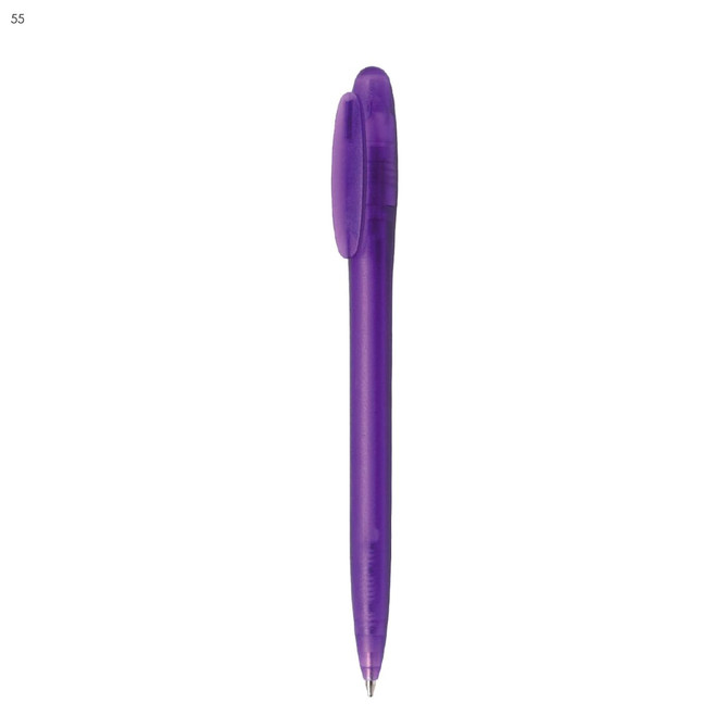 A plastic pen in a vibrant purple colour, featuring a sleek design and a clip for easy attachment.
