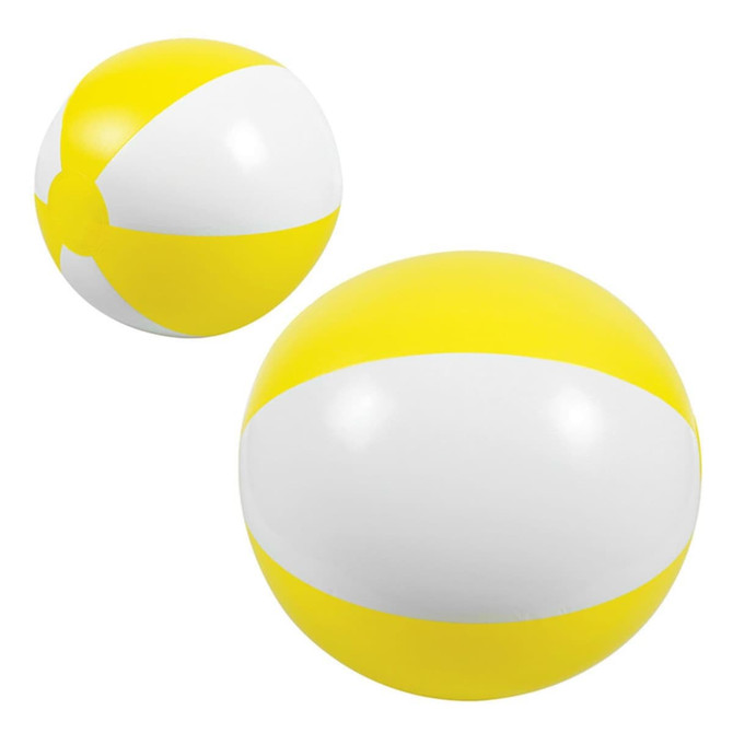 A beach ball with yellow and white stripes, featuring a round shape and a logo on it.
