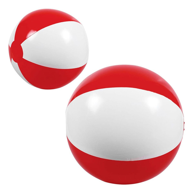 A red and white beach ball, round in shape, with a shiny surface, featuring a logo on it.