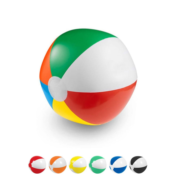 A vibrant, 48cm beach ball featuring red, green, yellow, blue, and white sections, complete with a logo.
