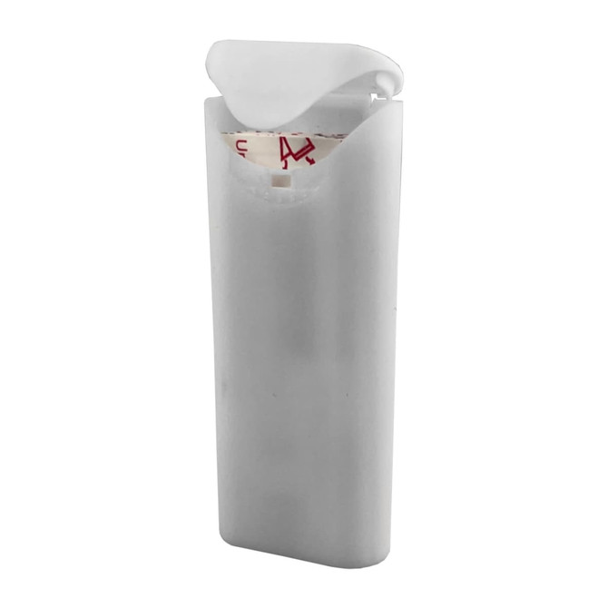 A white bandage case with a flip-top lid, designed to hold adhesive bandages securely inside.