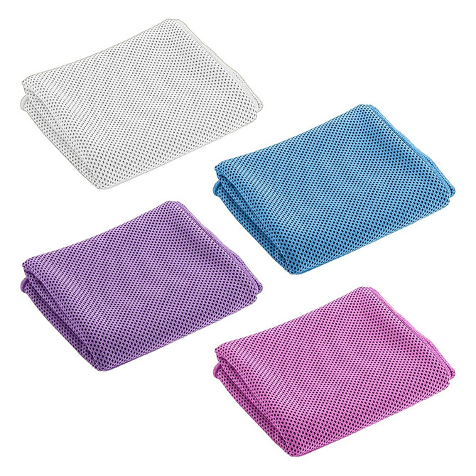 A set of four mesh fabric towels in white, blue, purple, and pink, neatly folded. Each towel has a breathable texture.