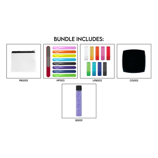 A clear pouch includes a black nail polish, a coloured file set, and a purple bottle of nail treatment.