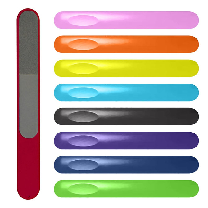 A set of nail files in various colours, including red, pink, orange, yellow, blue, black, and purple.