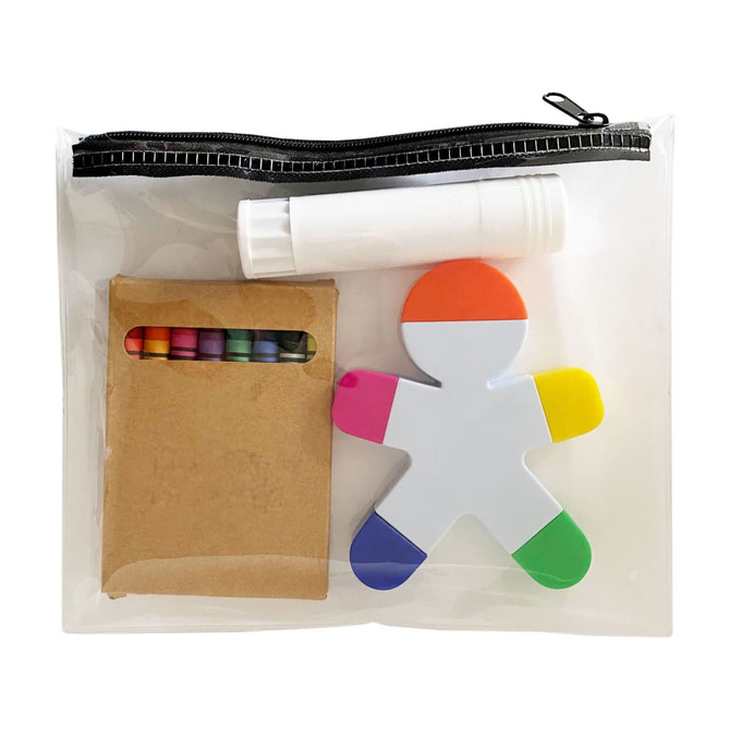 A clear pencil case containing a glue stick, colourful crayons, and a large figurine-shaped eraser.