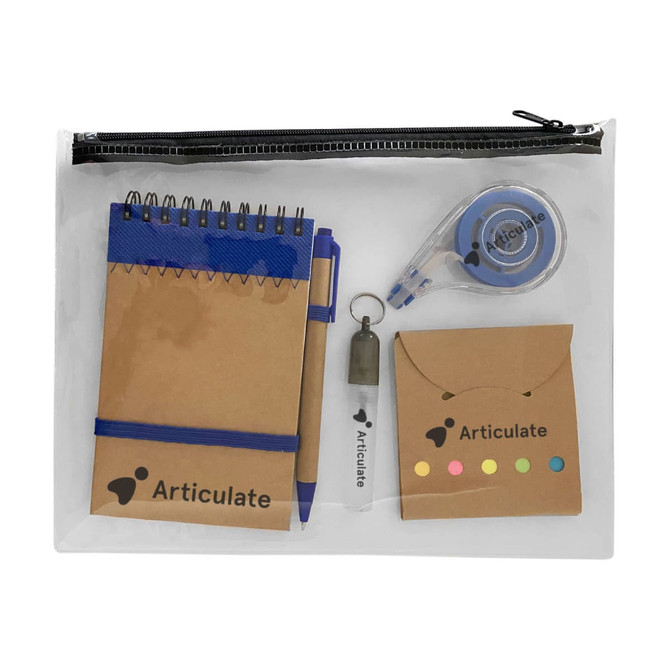 A clear pouch containing a notepad, pen, tape measure, and sticky notes in various colours. The pouch has a logo.