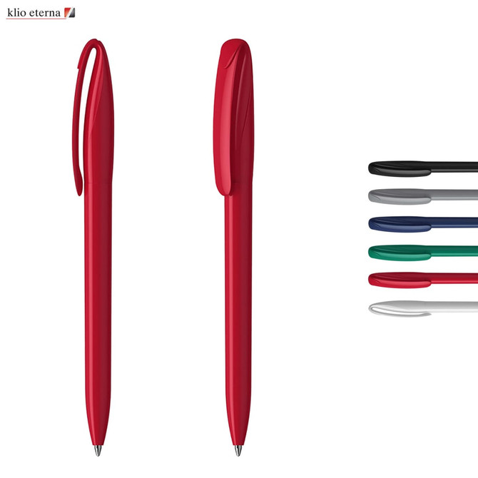 A red plastic pen is displayed alongside black, grey, green, and blue pens. Each pen has a simple design and branding.