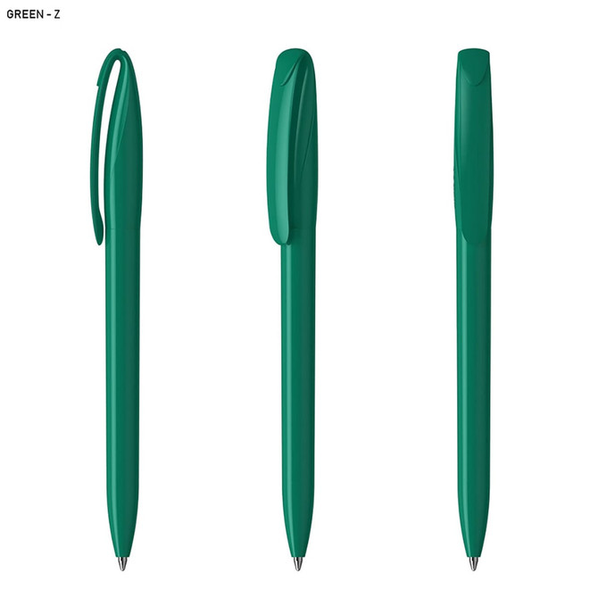 A set of green plastic pens, featuring a sleek design and clip for easy attachment. Each pen has a smooth body.