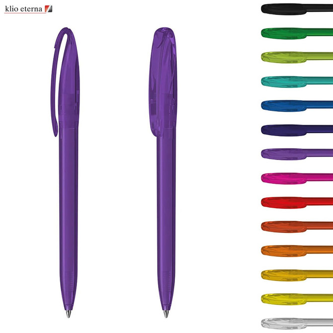 A collection of transparent plastic pens in various colours, featuring a logo on the top left.