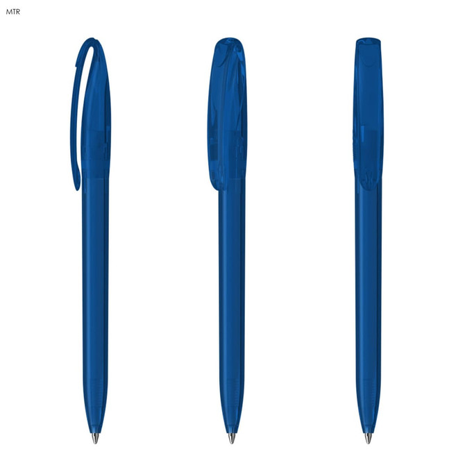 A set of transparent blue plastic pens with click mechanism and clip. The pens have a sleek design and a brand logo.