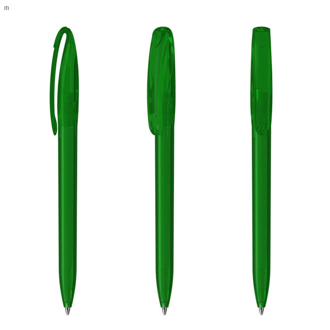 Three transparent green plastic pens are displayed, featuring a simple design and clips on the caps.