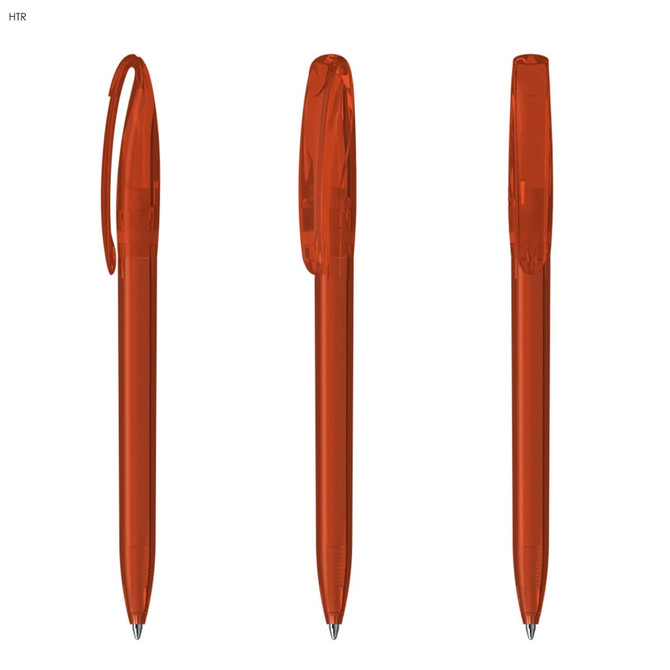 A set of three transparent orange plastic pens with clips, featuring a sleek design and a shiny finish.