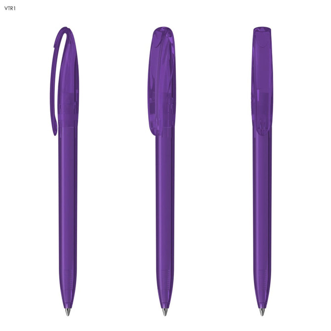 Three purple plastic pens with transparent bodies and clip tops, featuring a sleek design.
